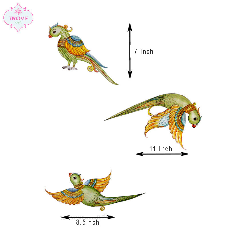 Set of 3 Kalamkari Parrots in Flight - Wall Decorative Stickers / Decal