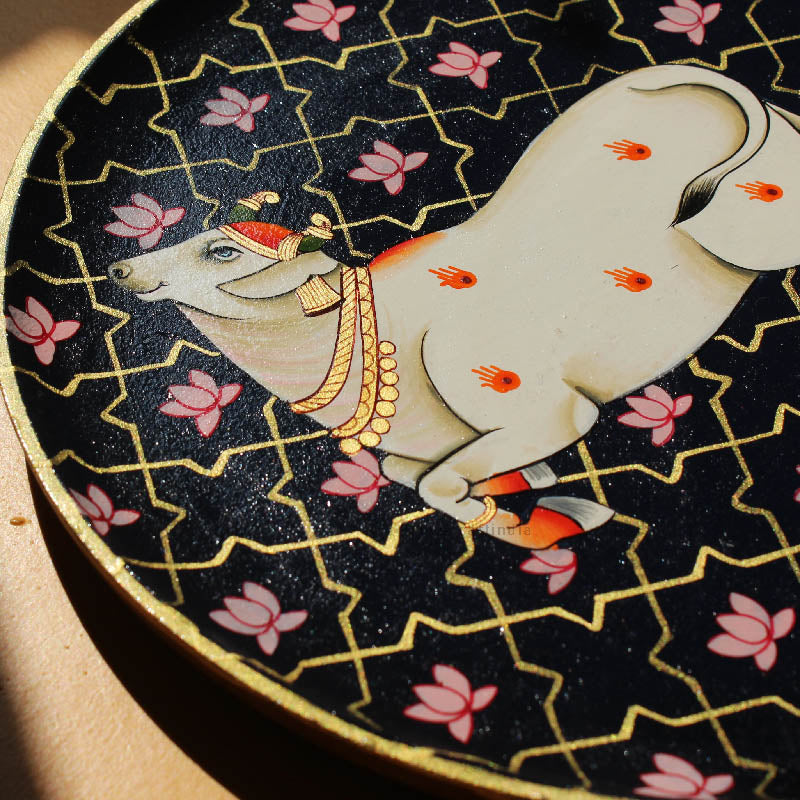 9" Jaali leaping Cow pichwai decor plate