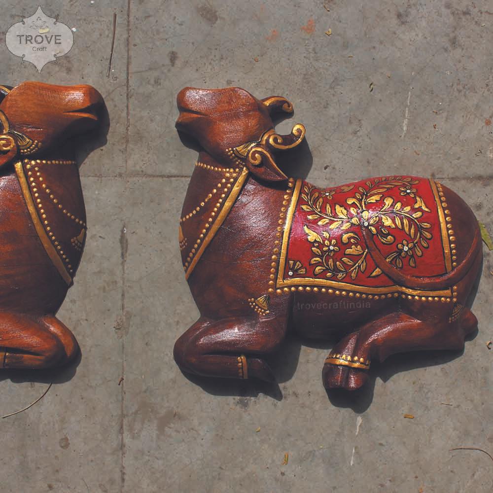 Carved Wooden Wall Pichwai Cow