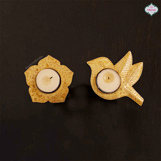 Traditional Hand-etched Brass Bird & Lotus Diya Set