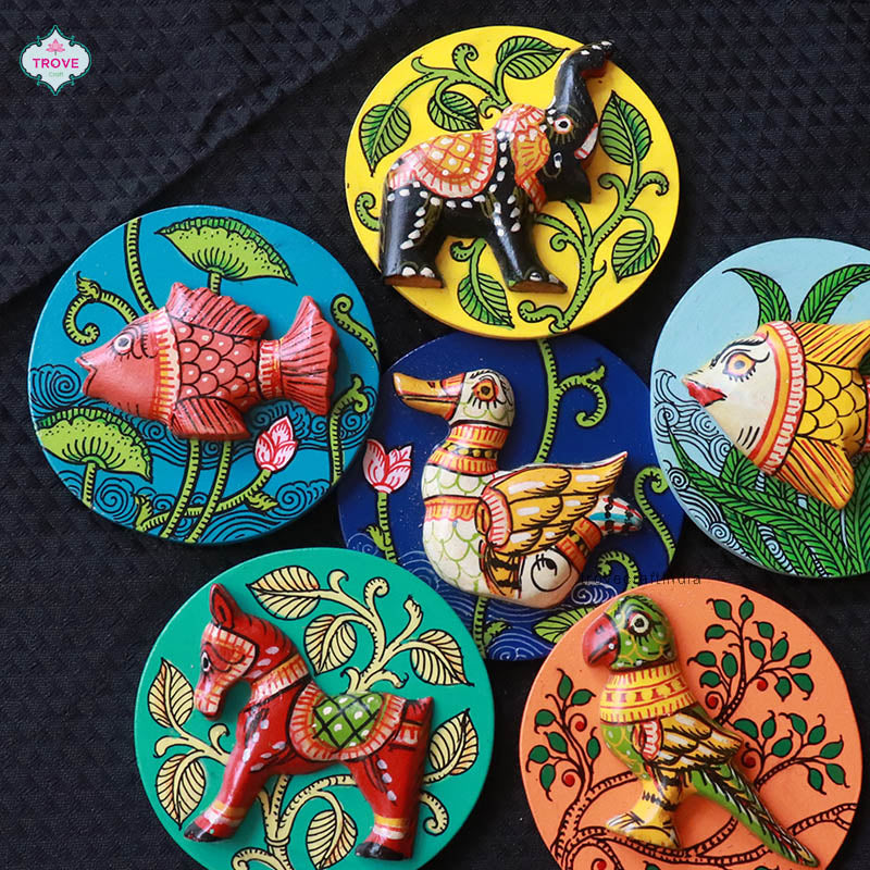 3" Wooden Hand-painted Pattachitra Fridge Magnets (Set of 6)