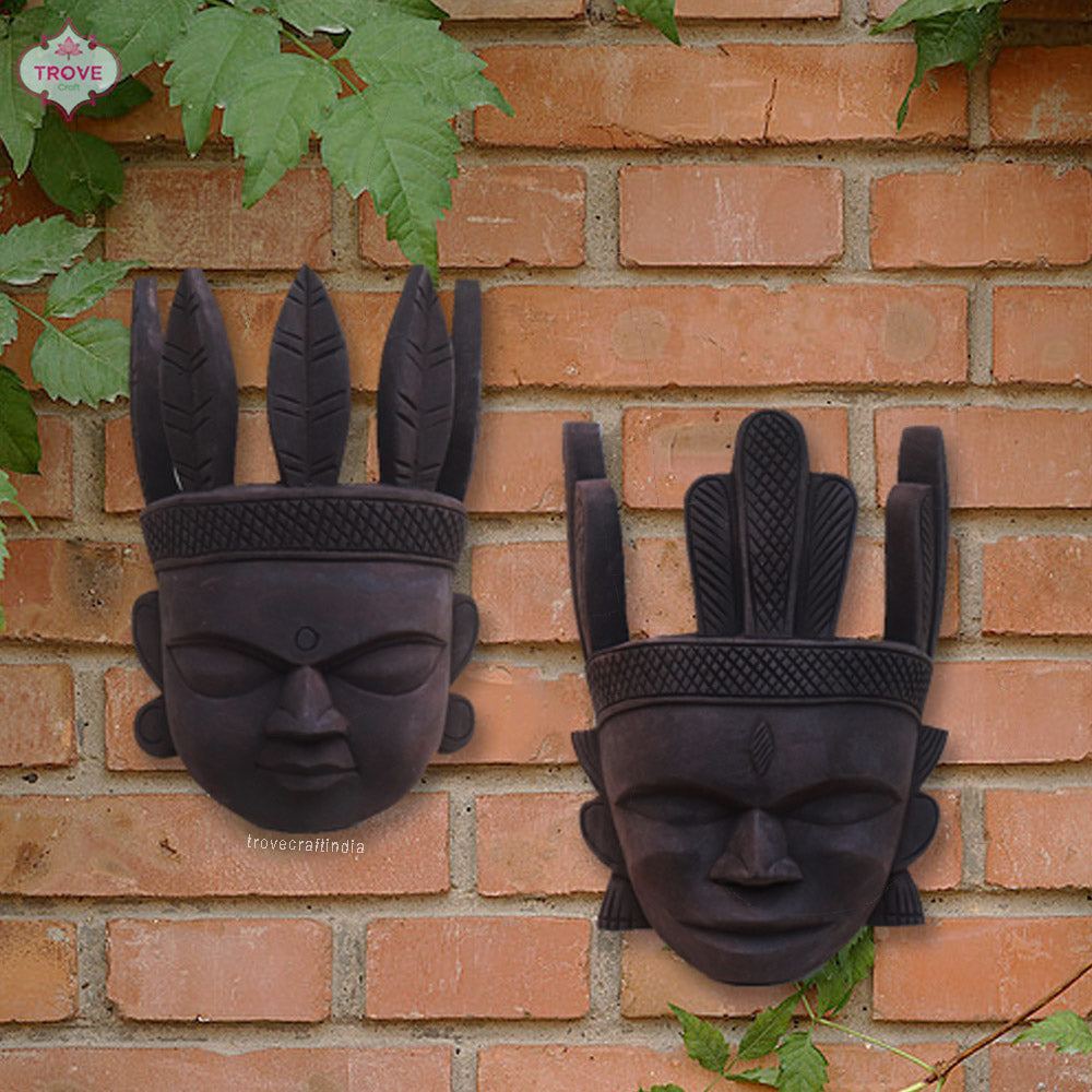 8" Set of 2 -  Hand Carved Wooden - Tribal Wall Decor Masks