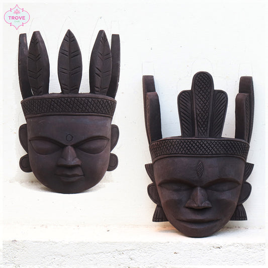 8" Set of 2 -  Hand Carved Wooden - Tribal Wall Decor Masks