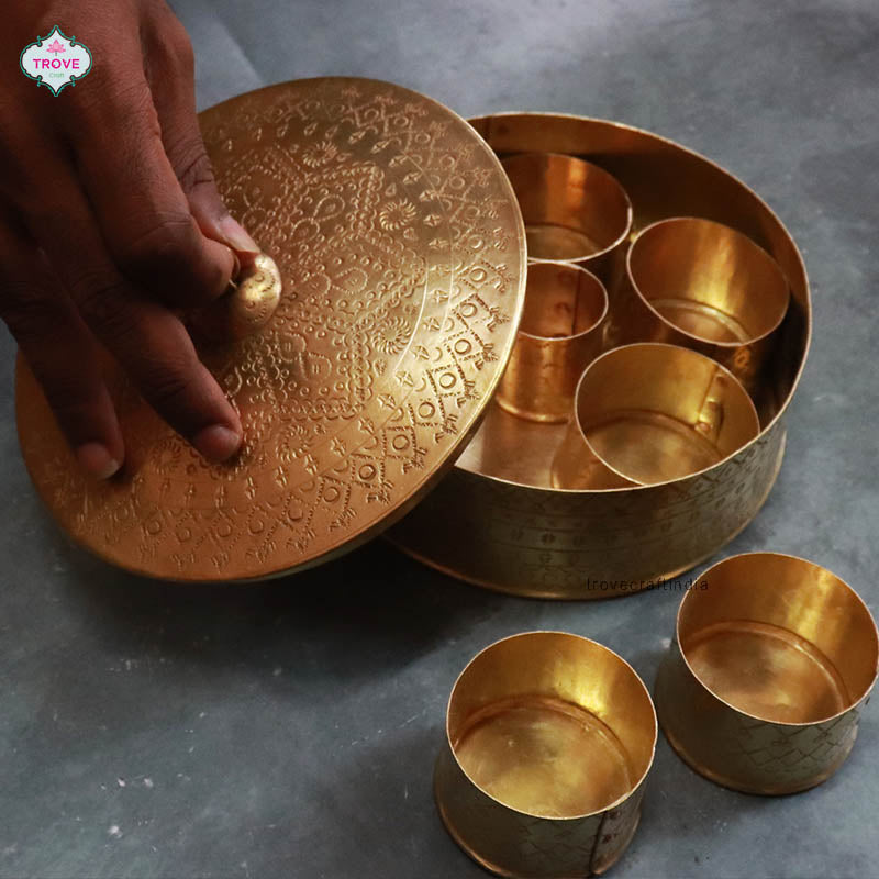 Hand-etched Traditional Brass Masala Box / Spice Box