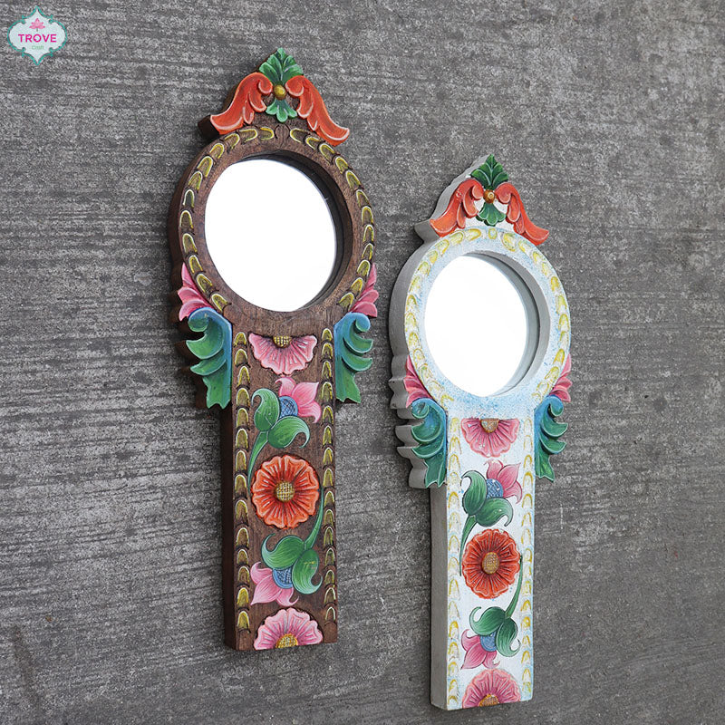 17" Handpainted & Carved Coconut Grater-Style Wooden Mirror Frame