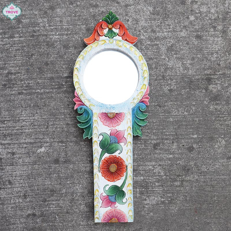 17" Handpainted & Carved Coconut Grater-Style Wooden Mirror Frame