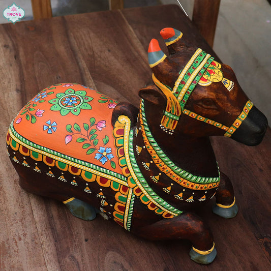 12" Rajasthani Floral Wooden Nandi Statue