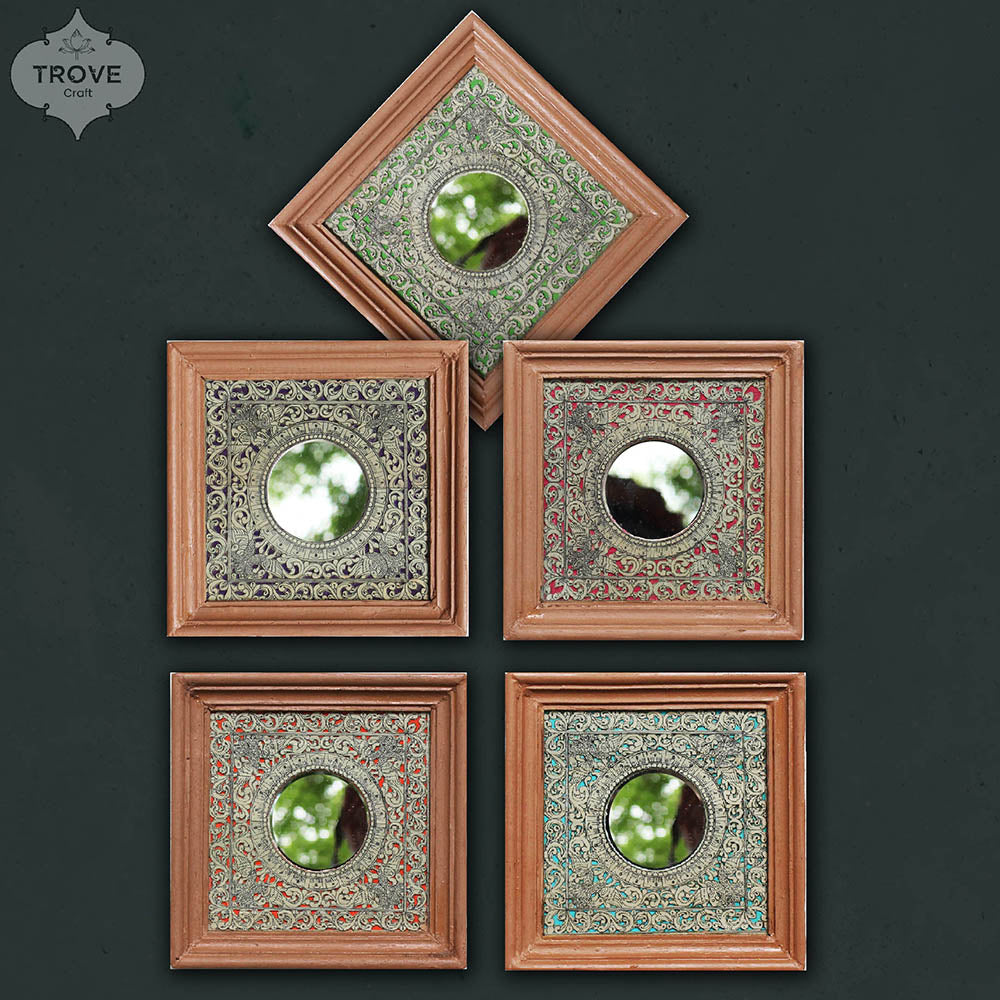 7 Inch Hand-Etched Palm Leaf Mirror Wall Decor Frames - Talapattachitra