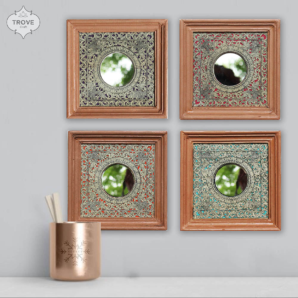 7 Inch Hand-Etched Palm Leaf Mirror Wall Decor Frames - Talapattachitra