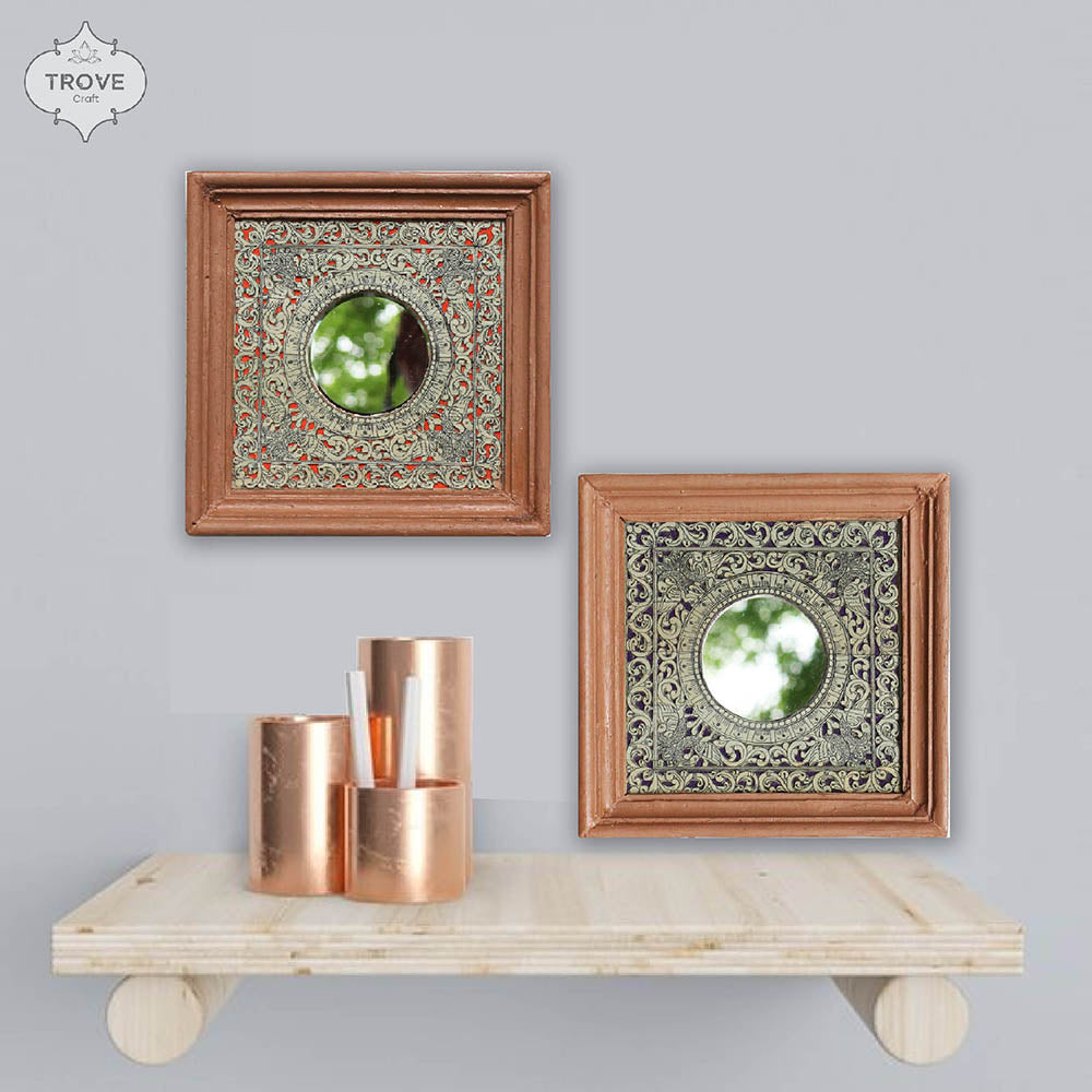 7 Inch Hand-Etched Palm Leaf Mirror Wall Decor Frames - Talapattachitra