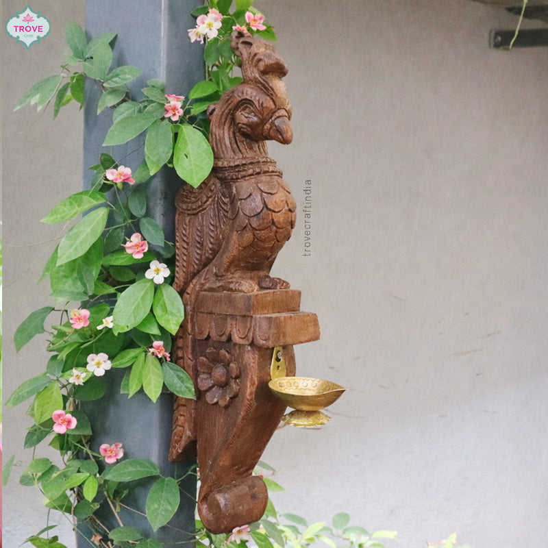 13" Chettinad Hand-Carved Parrot Light Bearer – Wall Accent