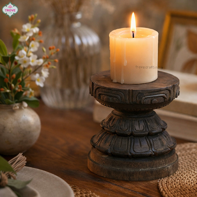 5" Wooden hand-carved style carved Padma Pitha - Pedestal / Candle Holder