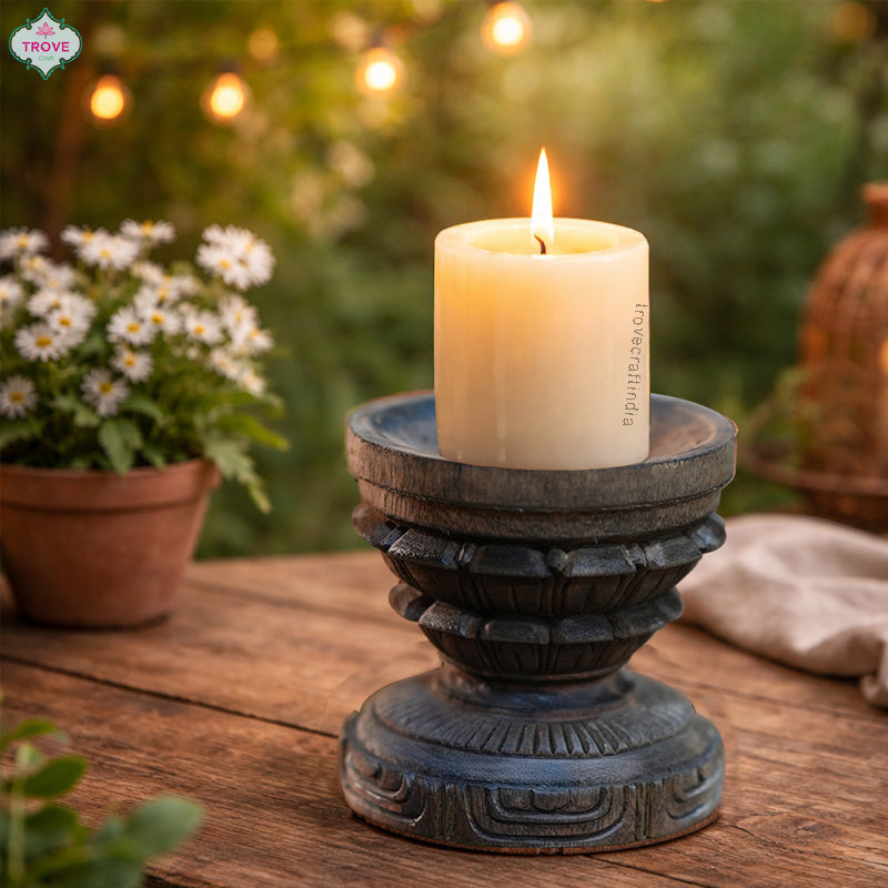 5" Wooden hand-carved style carved Padma Pitha - Pedestal / Candle Holder