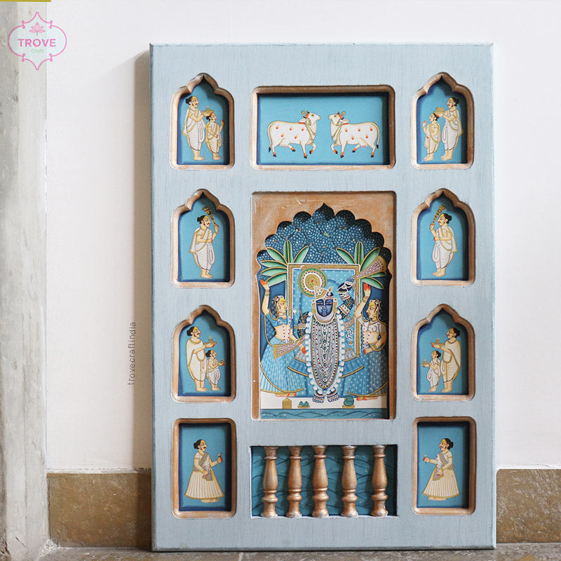 Unique Wooden Jharoka Decor Framed Pichwai Theme 24"x 36"