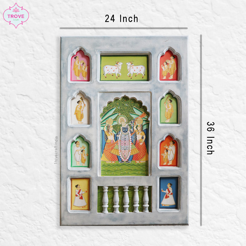 Unique Wooden Jharoka Decor Framed Pichwai Theme 24"x 36"