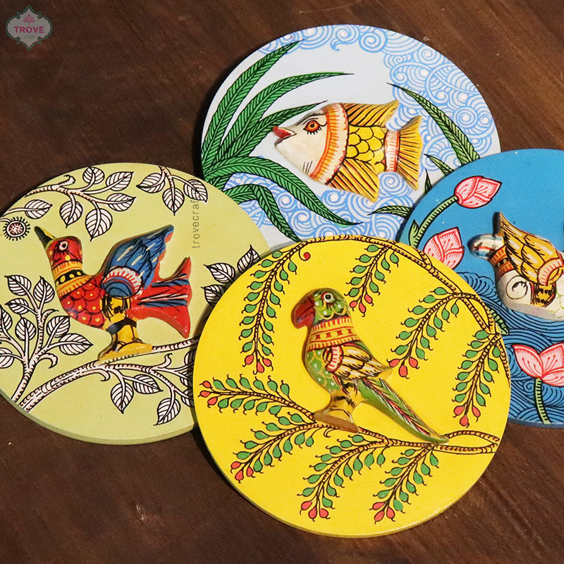 Set of 4 - 4.5" Mini Wooden Hand-painted Pattachitra Plaques