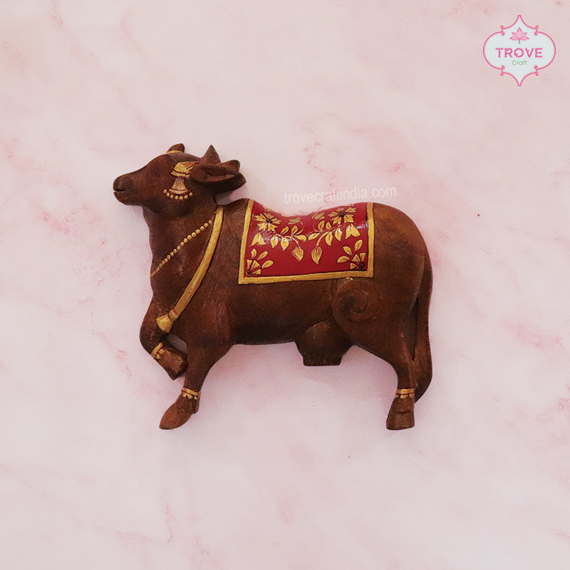 Carved Wooden Wall Pichwai Cow - Red / Blue