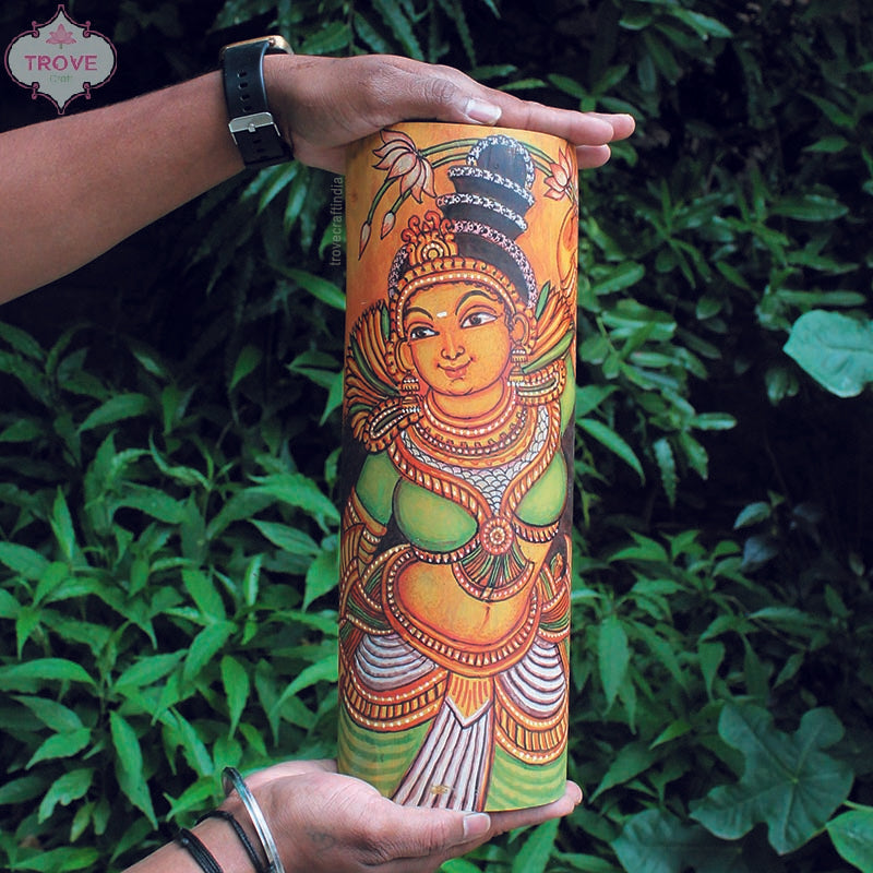 Hand-Painted Kerala Mural Wall Decor on Bamboo Base