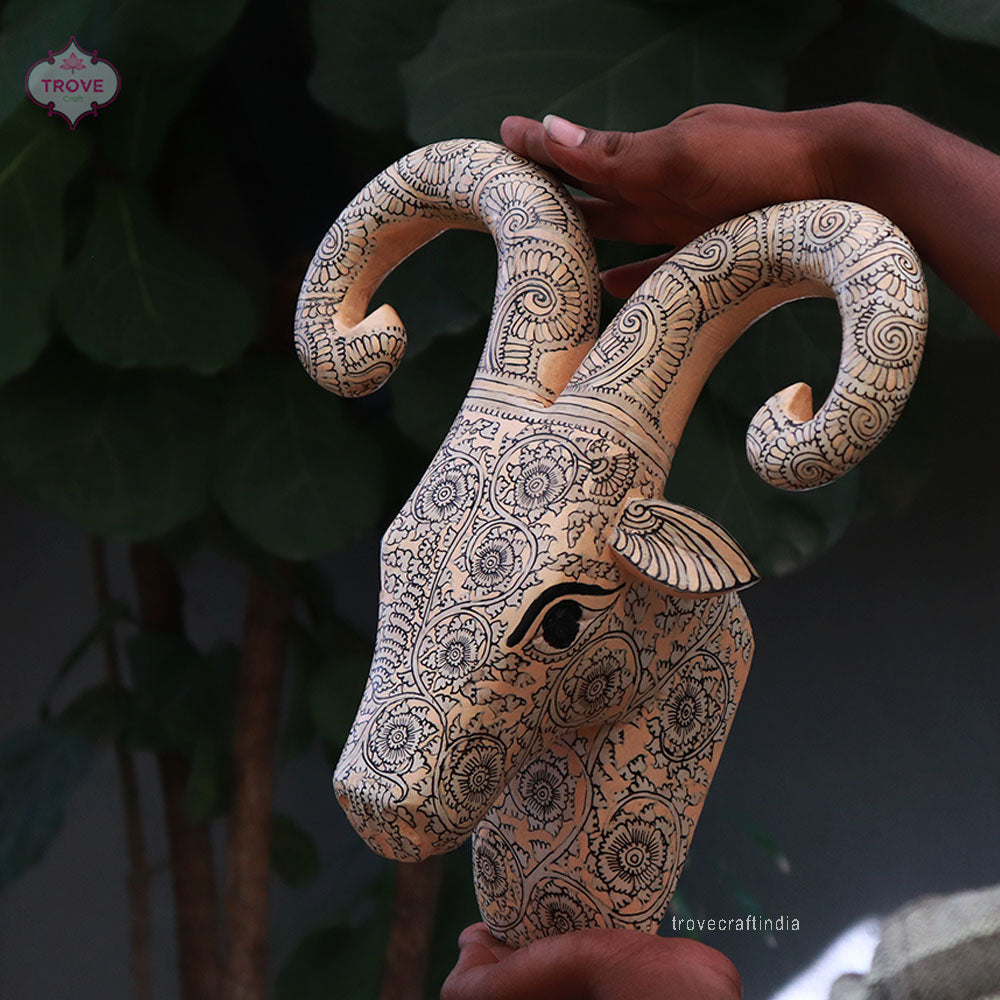 11.5" Hand Painted Distressed Wooden Ram Head