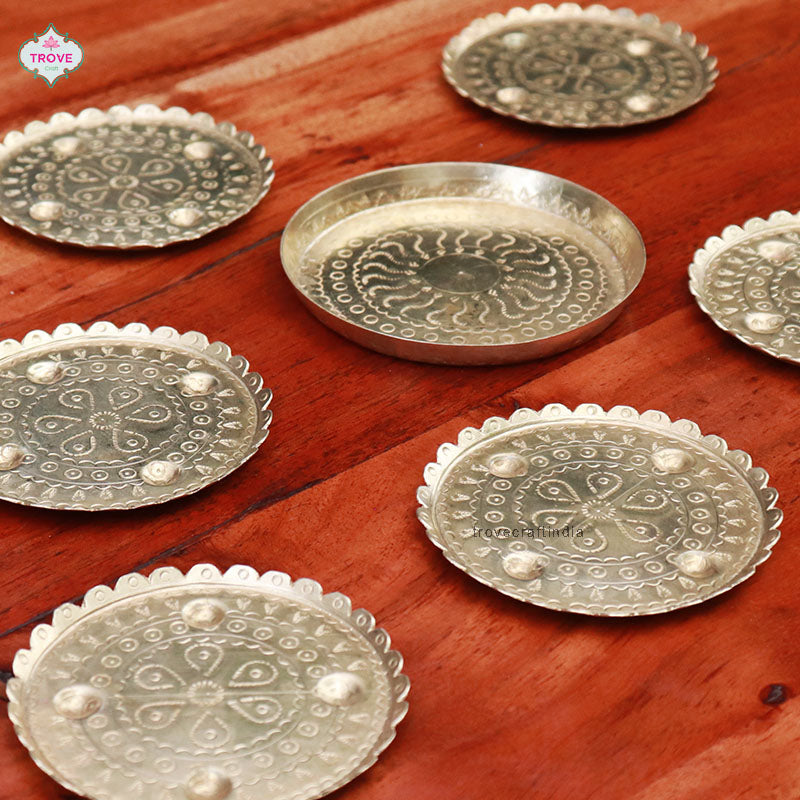Traditional Brass Hand-etched round tea coaster Set of 6
