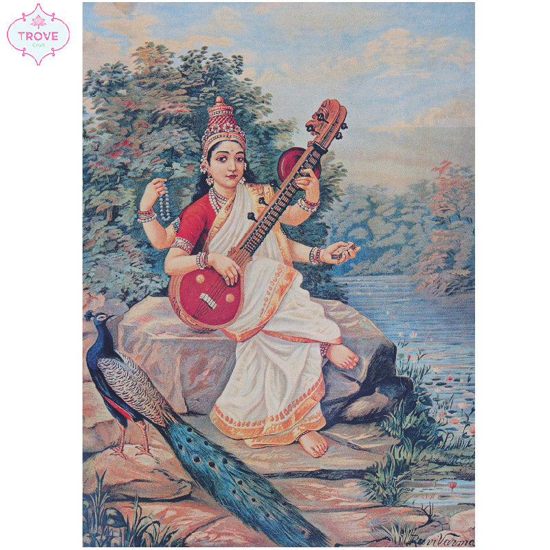 Raja Ravi Varma Sarasvati with her sitar and peacock