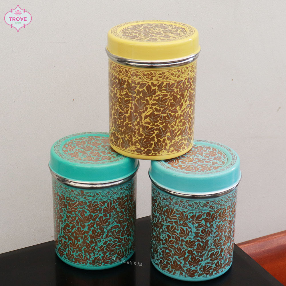 Set of 3 - Enamel Kashmiri Chinar Gold Canisters