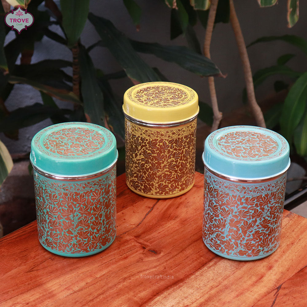 Set of 3 - Enamel Kashmiri Chinar Gold Canisters