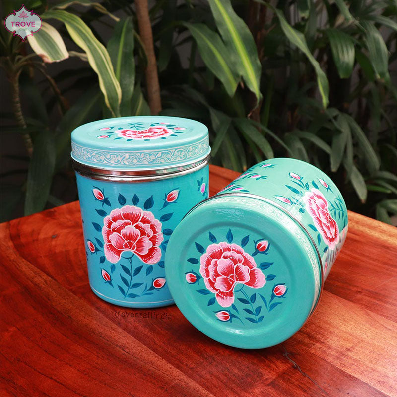 Set of 2 - Large Hand-painted Enamel Storage Canisters / Tins