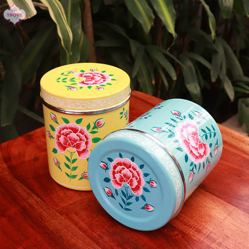 Set of 2 - Large Hand-painted Enamel Storage Canisters / Tins