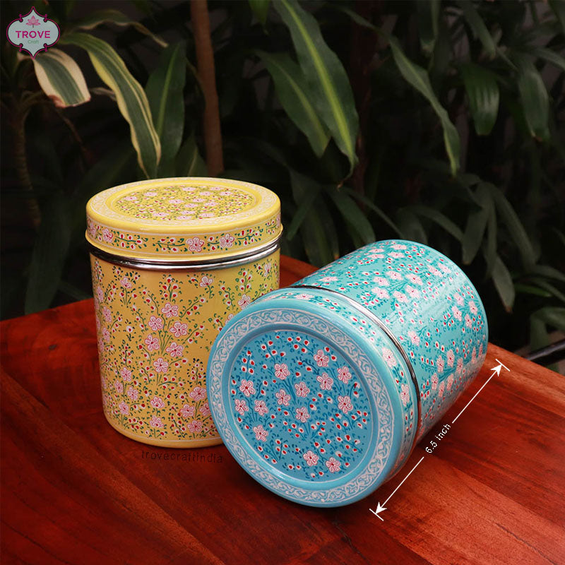 Set of 2 - Large Hand-painted Enamel Storage Canisters / Tins