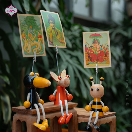 colourful chennapatna animal figurines with clip holders