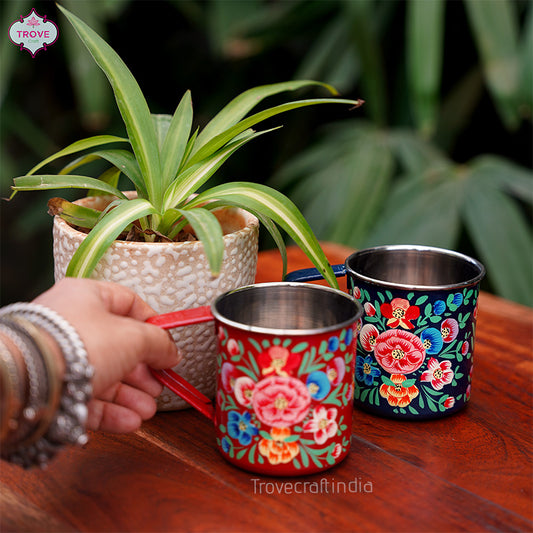 Set of 2 Hand-painted Multifloral Enamel Coffee Mugs