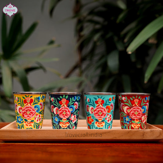 Set of 4 Hand-painted Multifloral Enamel Tumblers Small