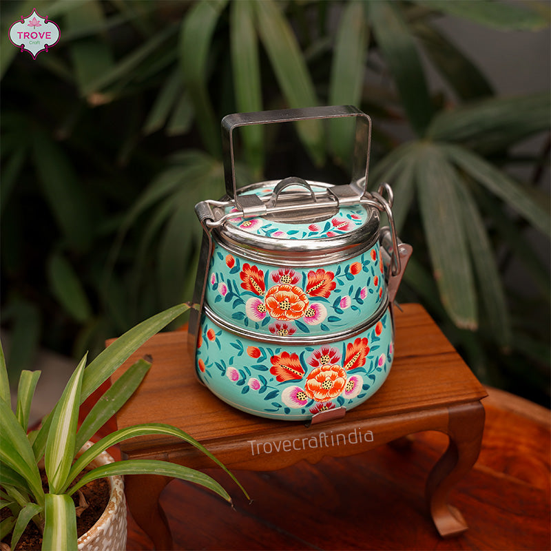 Hand Painted Kashmiri Enamelware Steel Mughal floral 2-tier tiffin