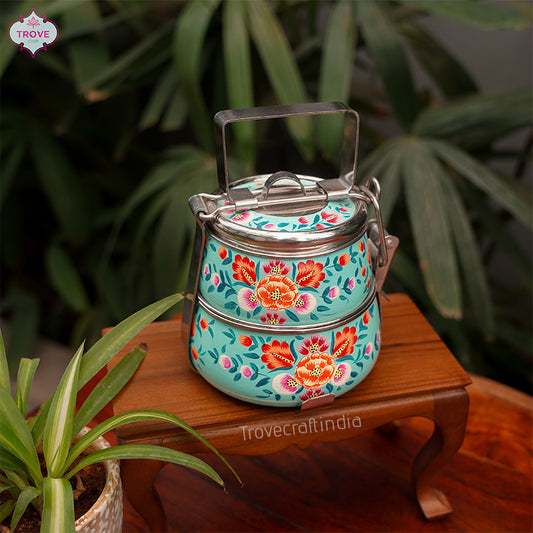 Hand Painted Kashmiri Enamelware Steel Mughal floral 2-tier tiffin