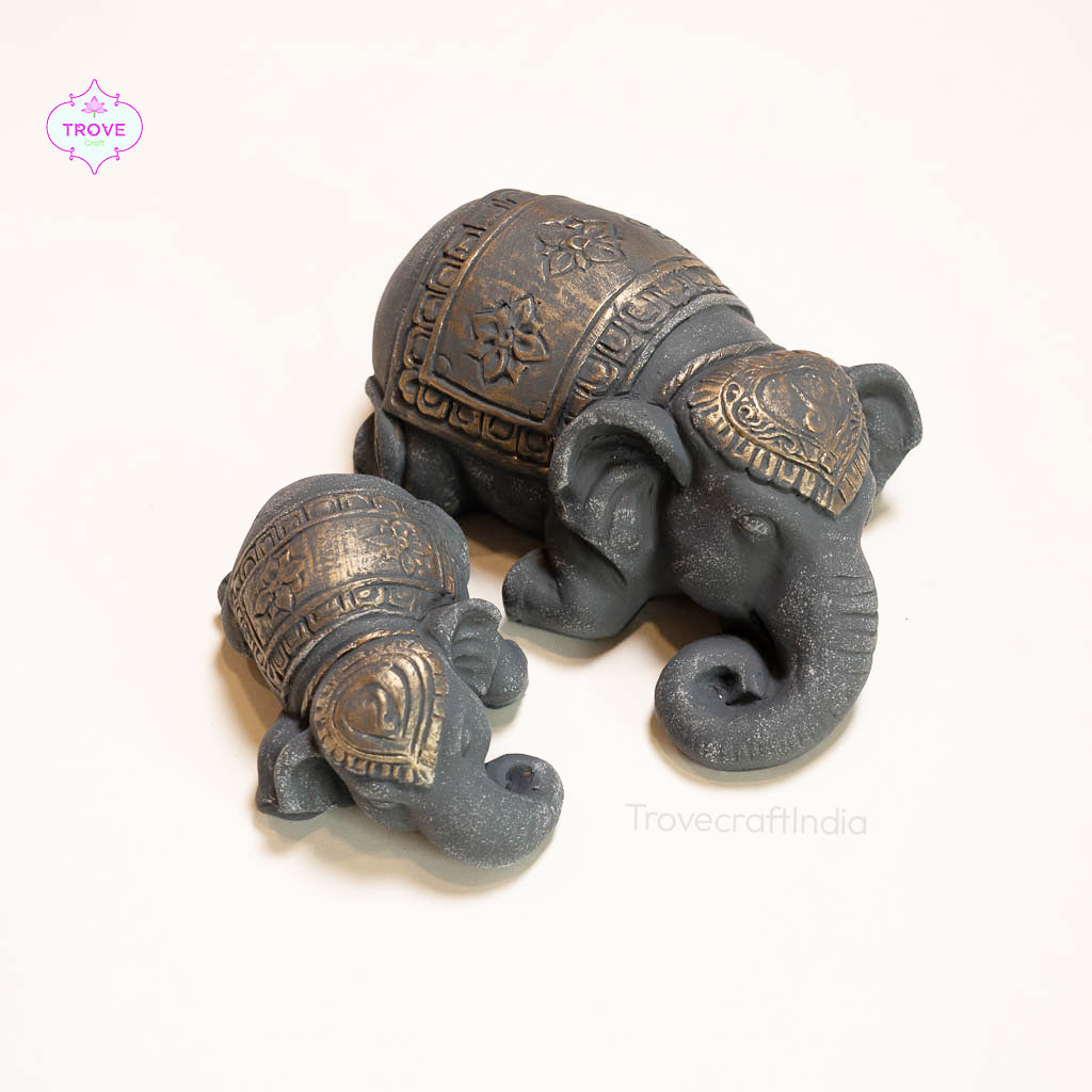 Terracotta Mother & Calf Elephant in Sweet Slumber - Set of 2