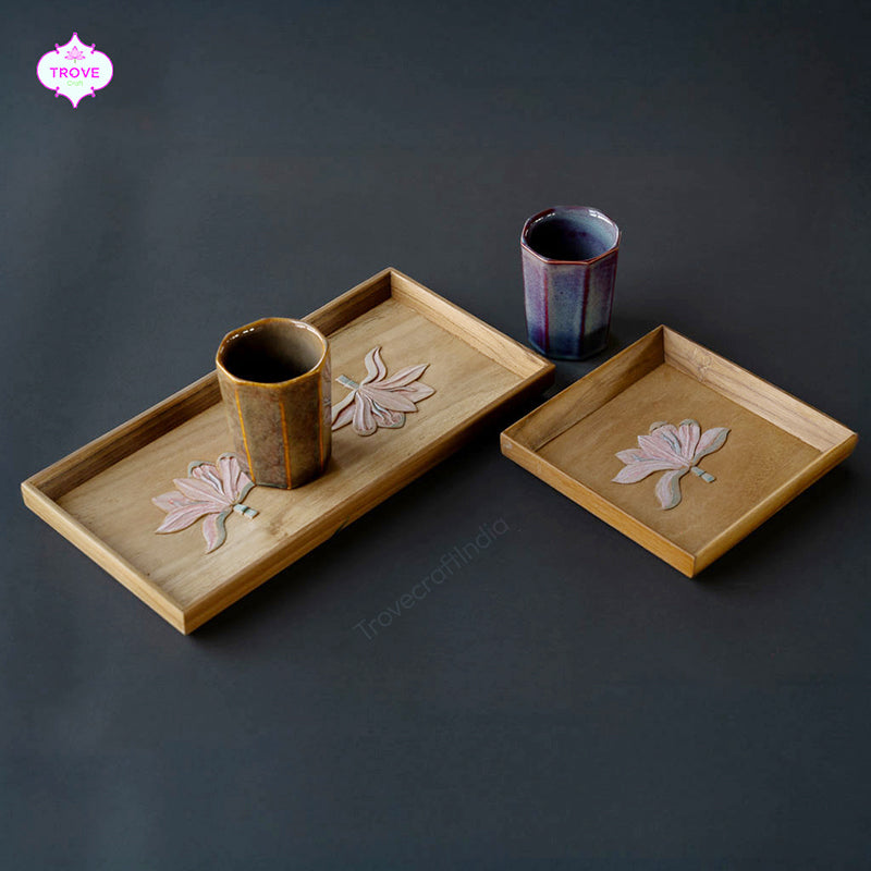 Set of 2 Hand-Carved Floral Themed Medium Wooden Serving Trays – Trove ...