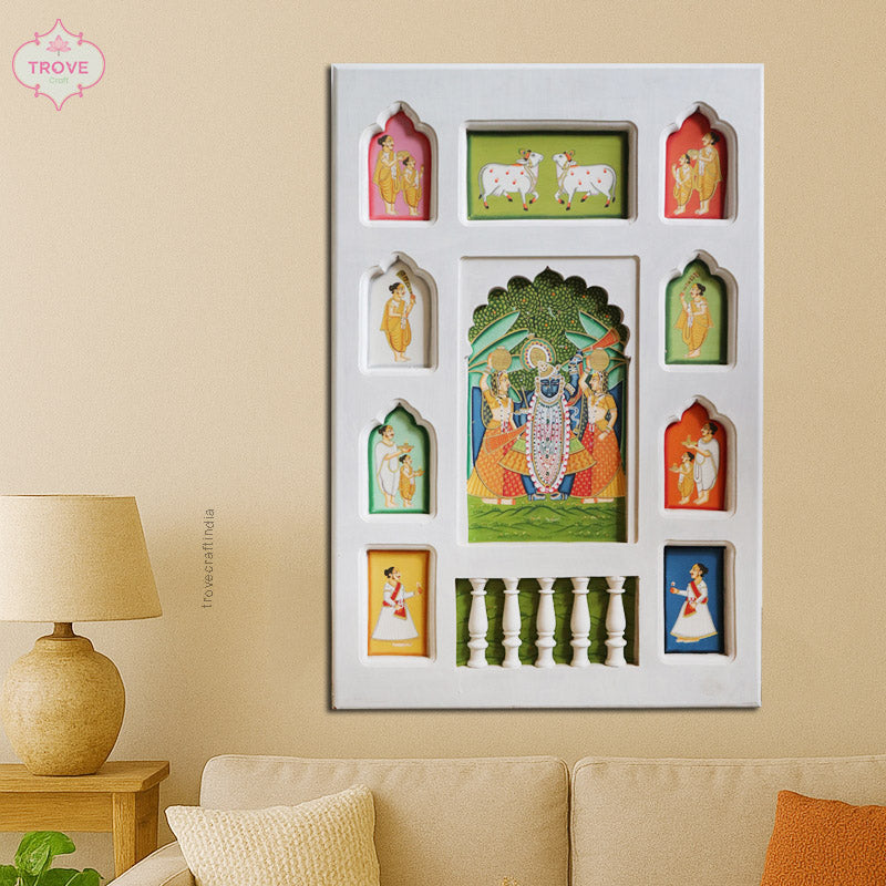 Unique Wooden Jharoka Decor Framed Pichwai Theme 24"x 36"