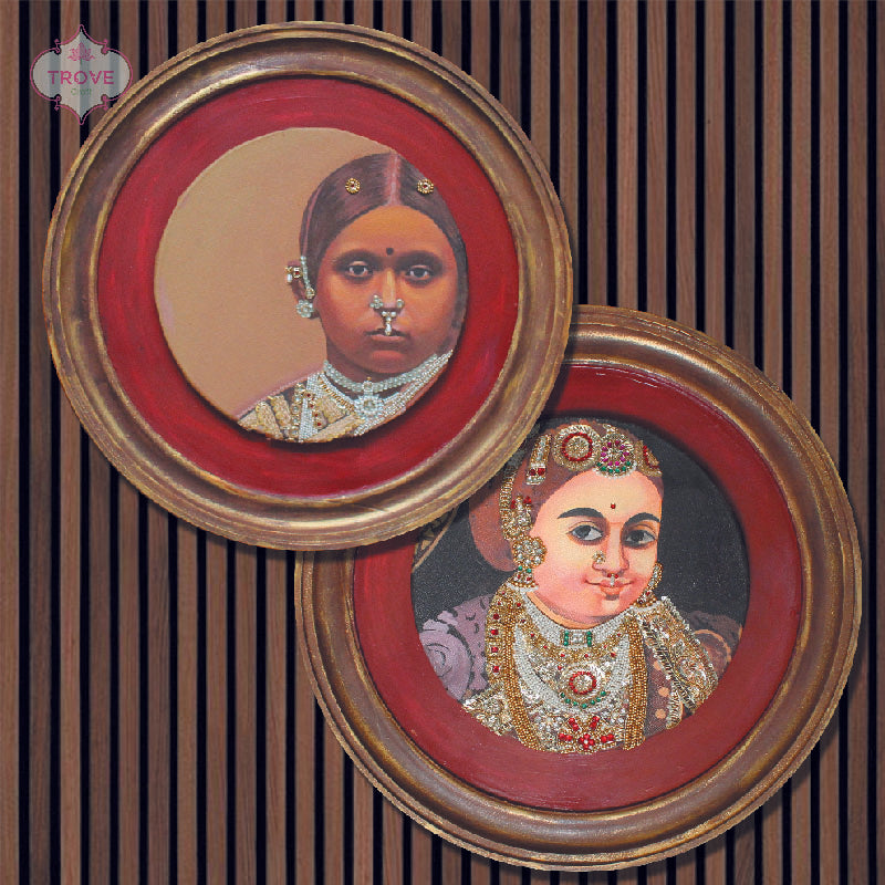 Framed Handpainted & Zardozi South Indian Women Potraits on Canvas