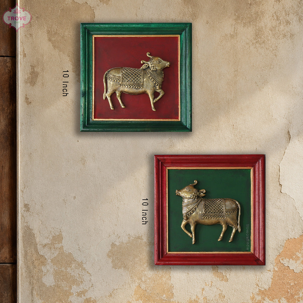Framed Pichwai Brass cows 