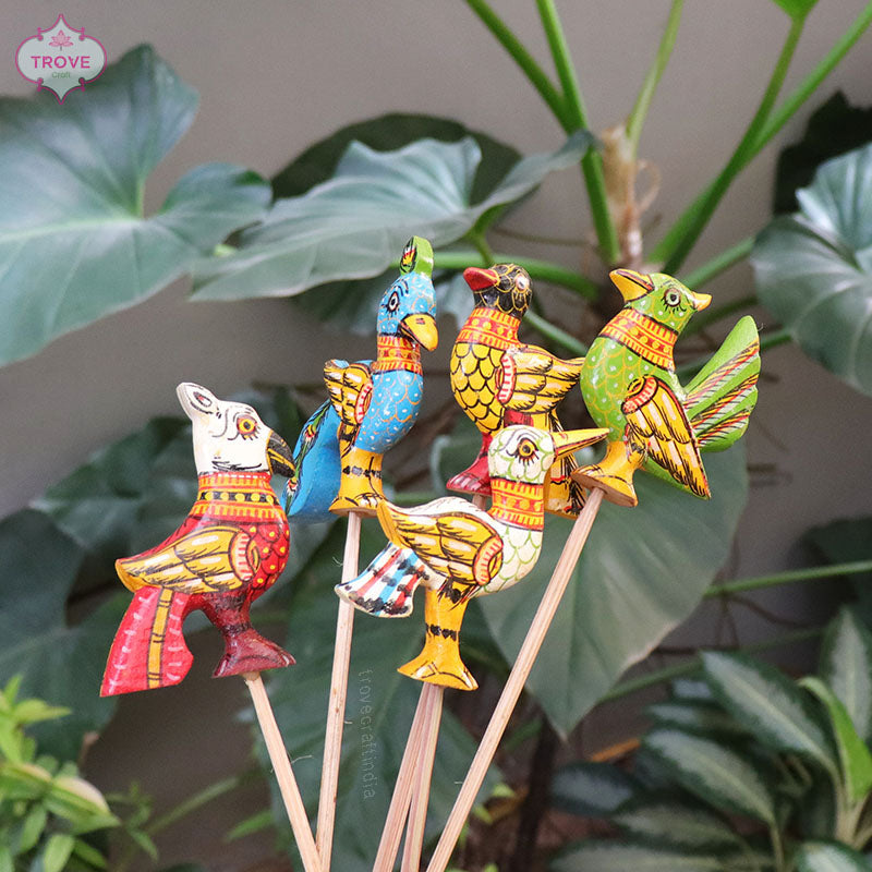 16" Pattachitra Bird Indoor Garden Stakes (Set of 5)