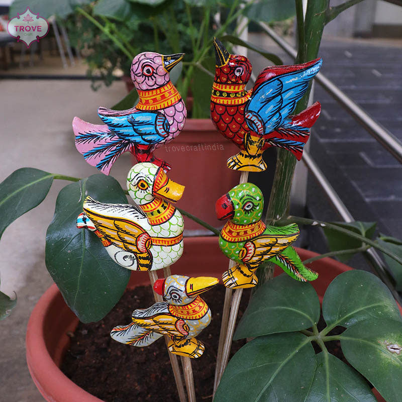 16" Pattachitra Bird Indoor Garden Stakes (Set of 5)