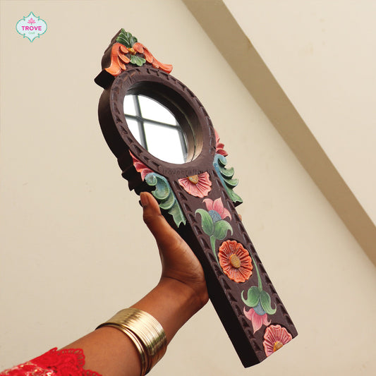 17" Handpainted & Carved Coconut Grater-Style Wooden Mirror Frame