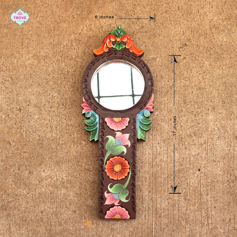 17" Handpainted & Carved Coconut Grater-Style Wooden Mirror Frame