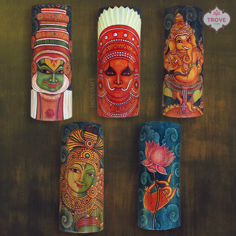 Hand-Painted Kerala Mural Wall Decor on Bamboo Base