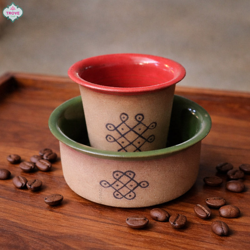 Set of 2 - Ceramic Coffee Dabara & Katori - Kolam Design