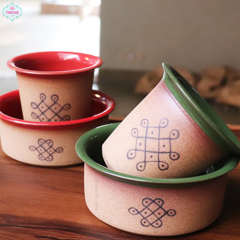 Set of 2 - Ceramic Coffee Dabara & Katori - Kolam Design