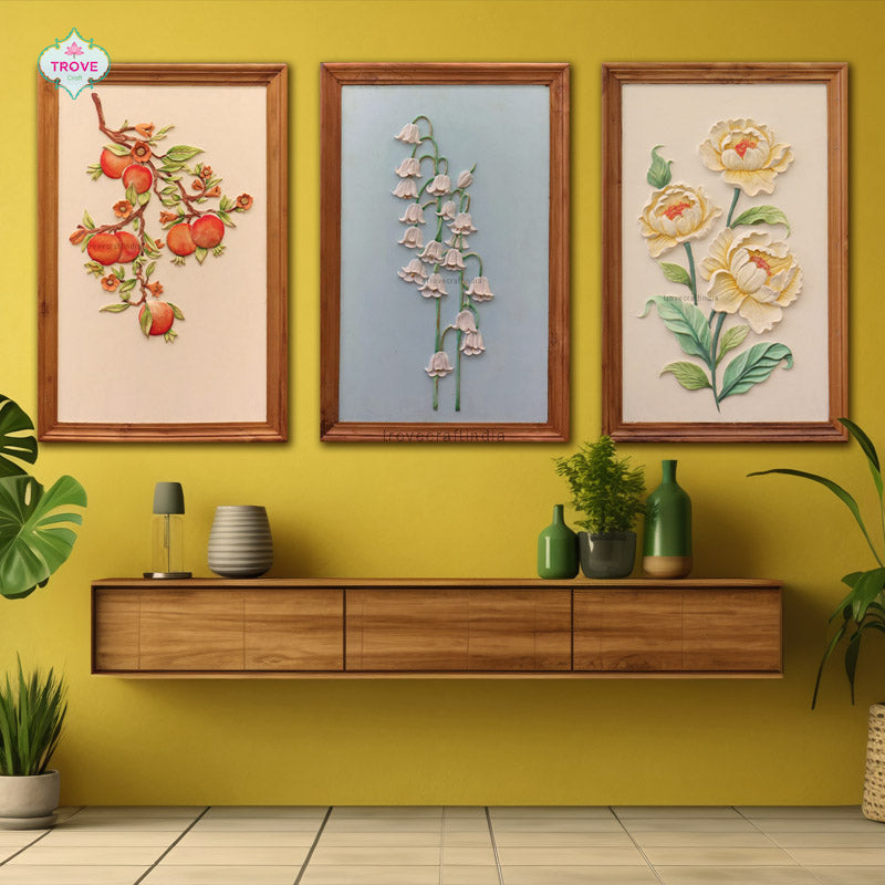 29 Inch - Framed Floral Themed Relief Art