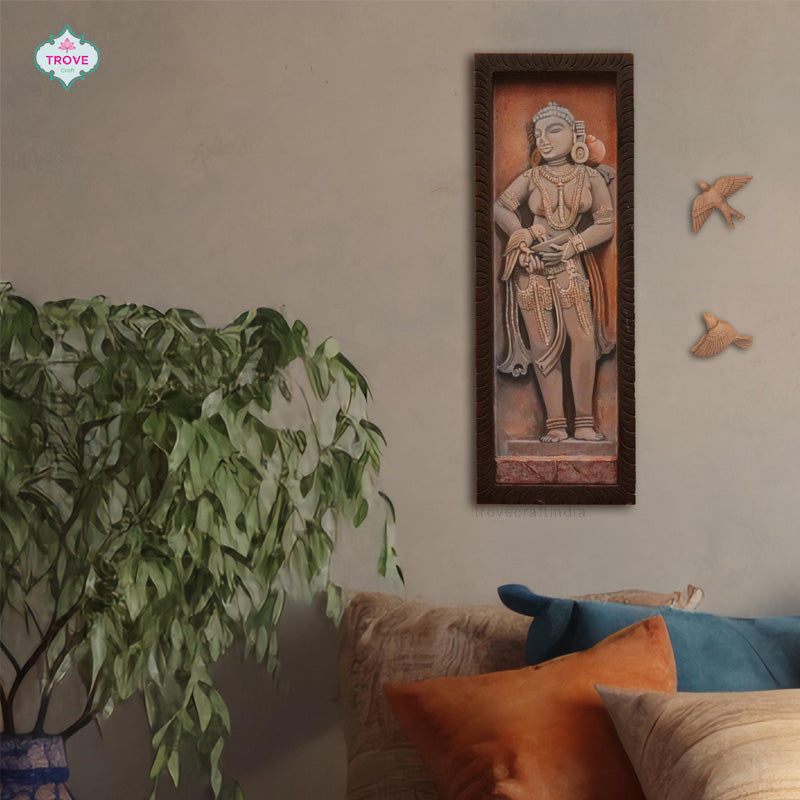Sculpture Painting of Woman with a Parrot Wooden Carved Panel