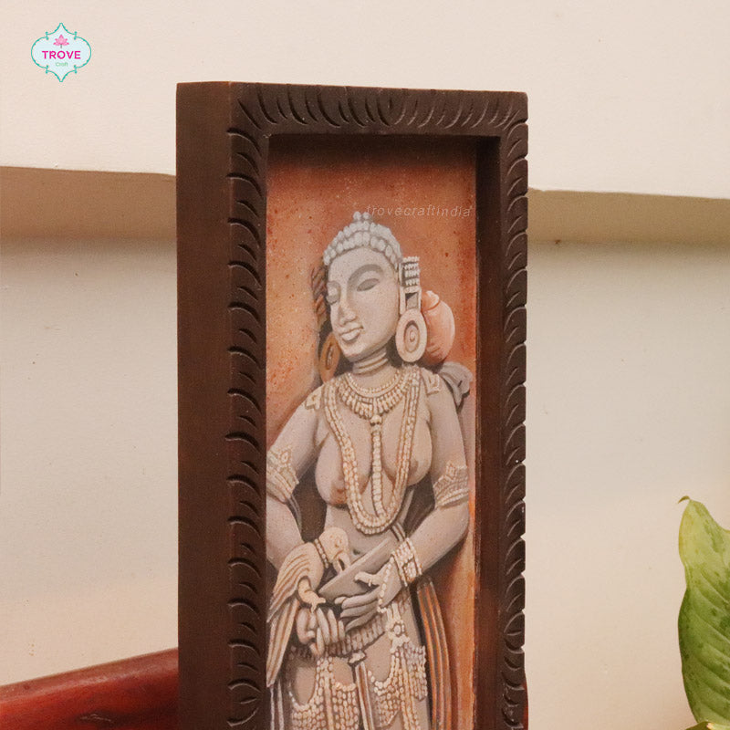 Sculpture Painting of Woman with a Parrot Wooden Carved Panel